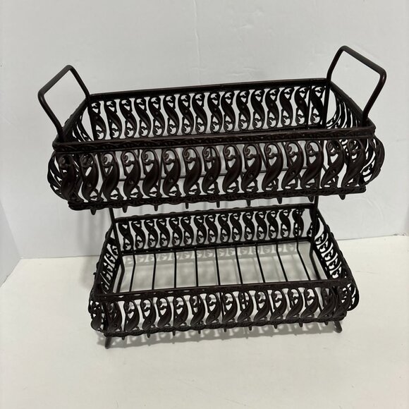 Metal Wire Two-Tier Rack Brown Fruit Vegetable Basket Stand Handles 11.5" x 10" - Picture 1 of 9